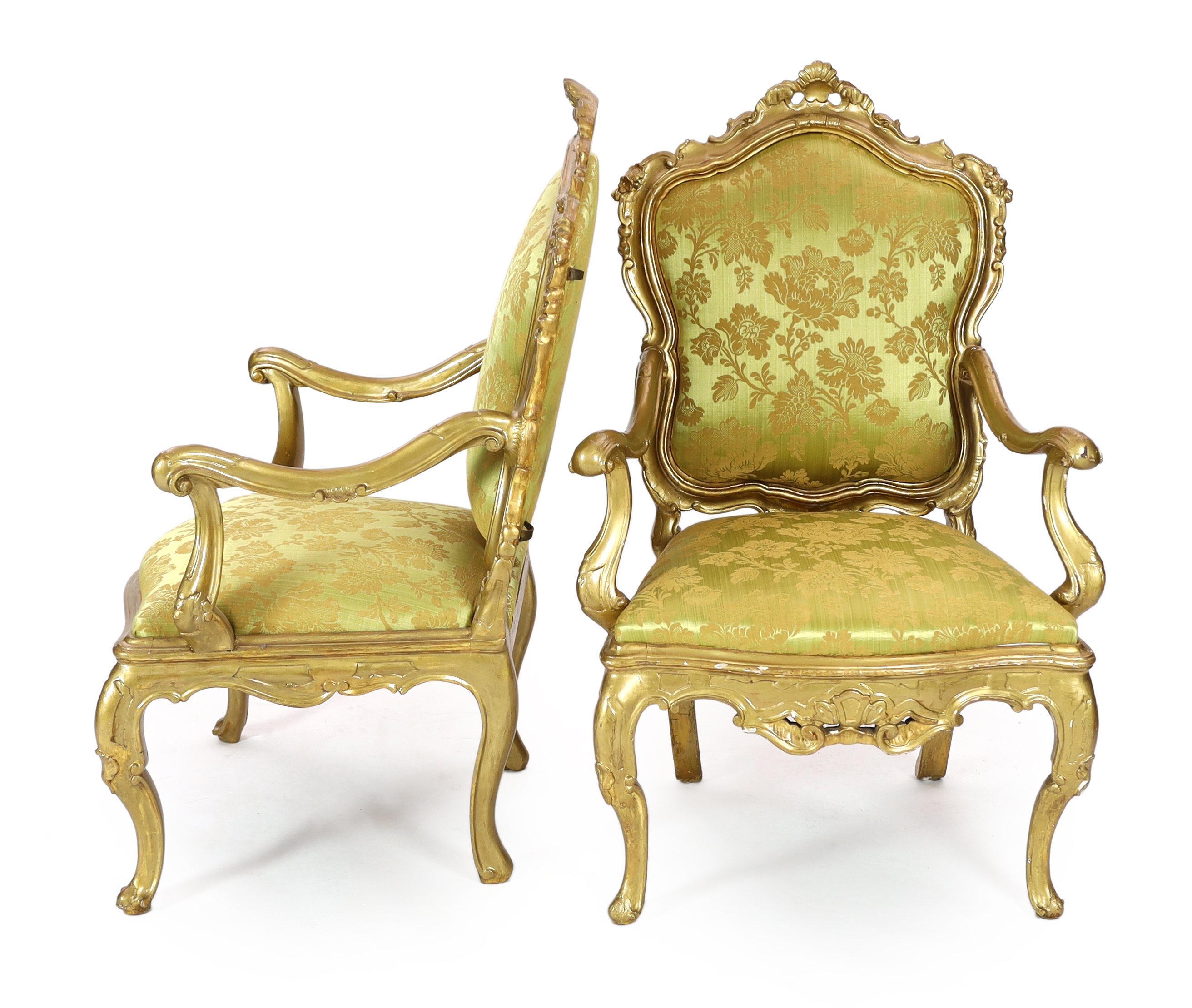 A set of six 18th century Venetian carved giltwood open armchairs, Please note this lot attracts an additional import tax of 5% on the hammer price